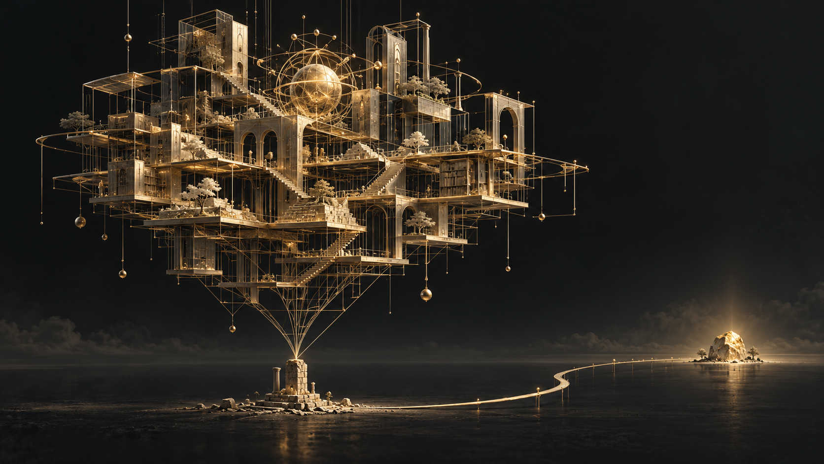 Intricate floating gold architecture suspended over a tiny foundation on a dark field, showing technical construction outpacing the evidence beneath it.
